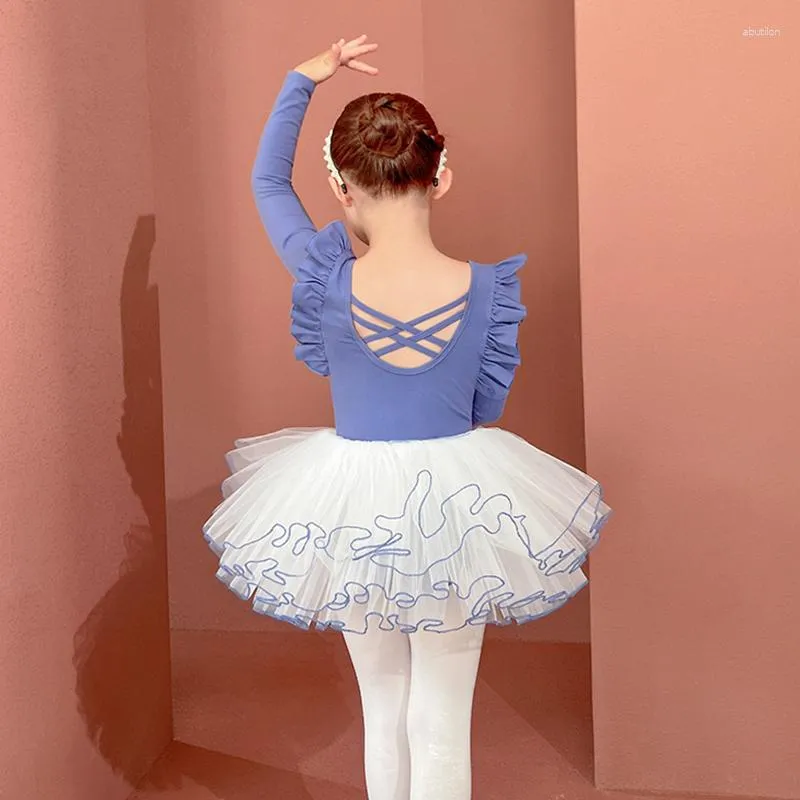 Vêtements de scène filles robe de ballet justaucorps de gymnastique enfants princesse ballerine tutu vêtements de danse jupe en dentelle à manches longues costume de danse du lac des cygnes