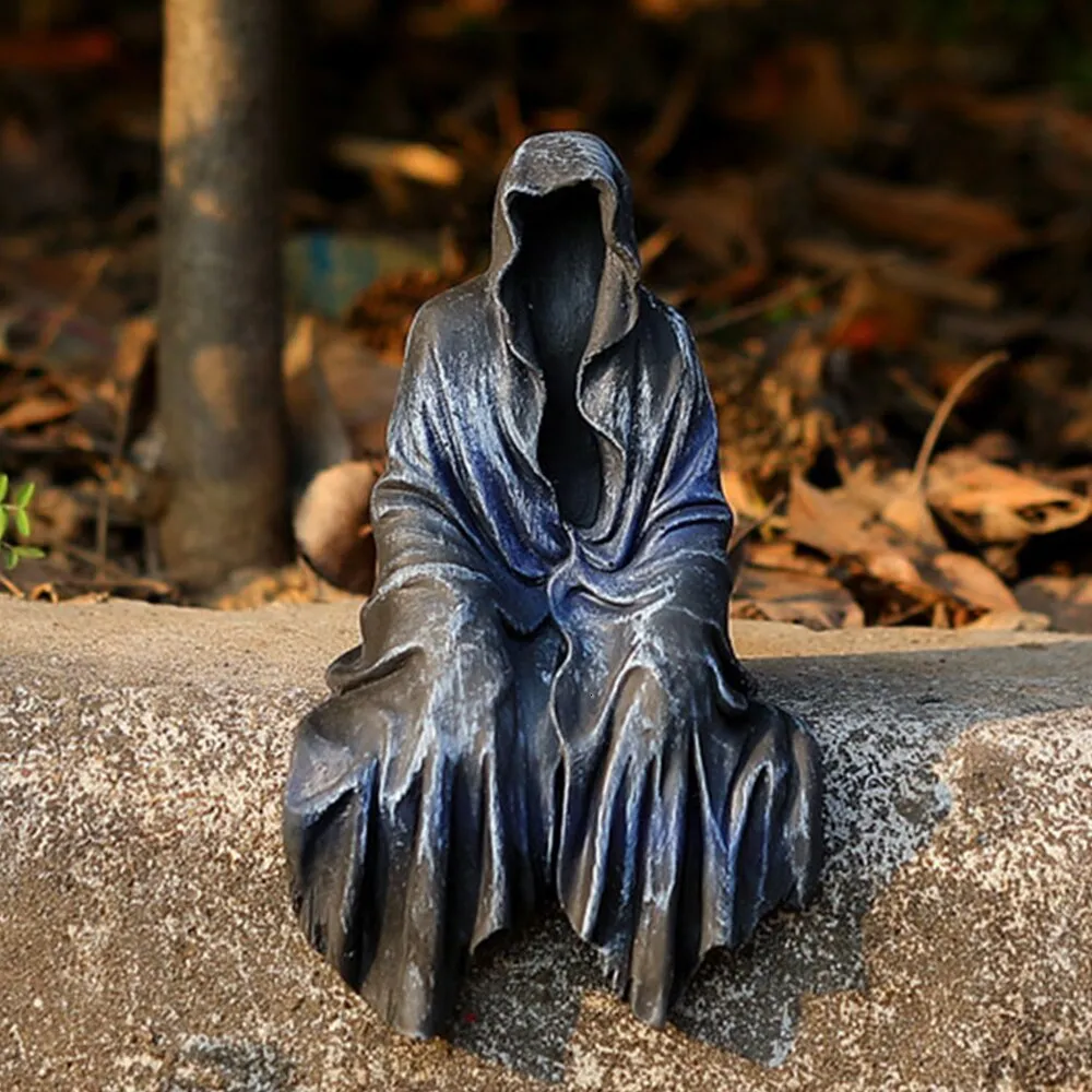 装飾的なオブジェクトの置物を刈り取る死神の座っている彫像のゴシックデスクトップ樹脂黒い彫刻家装飾用の黒い彫刻ドロップ230818
