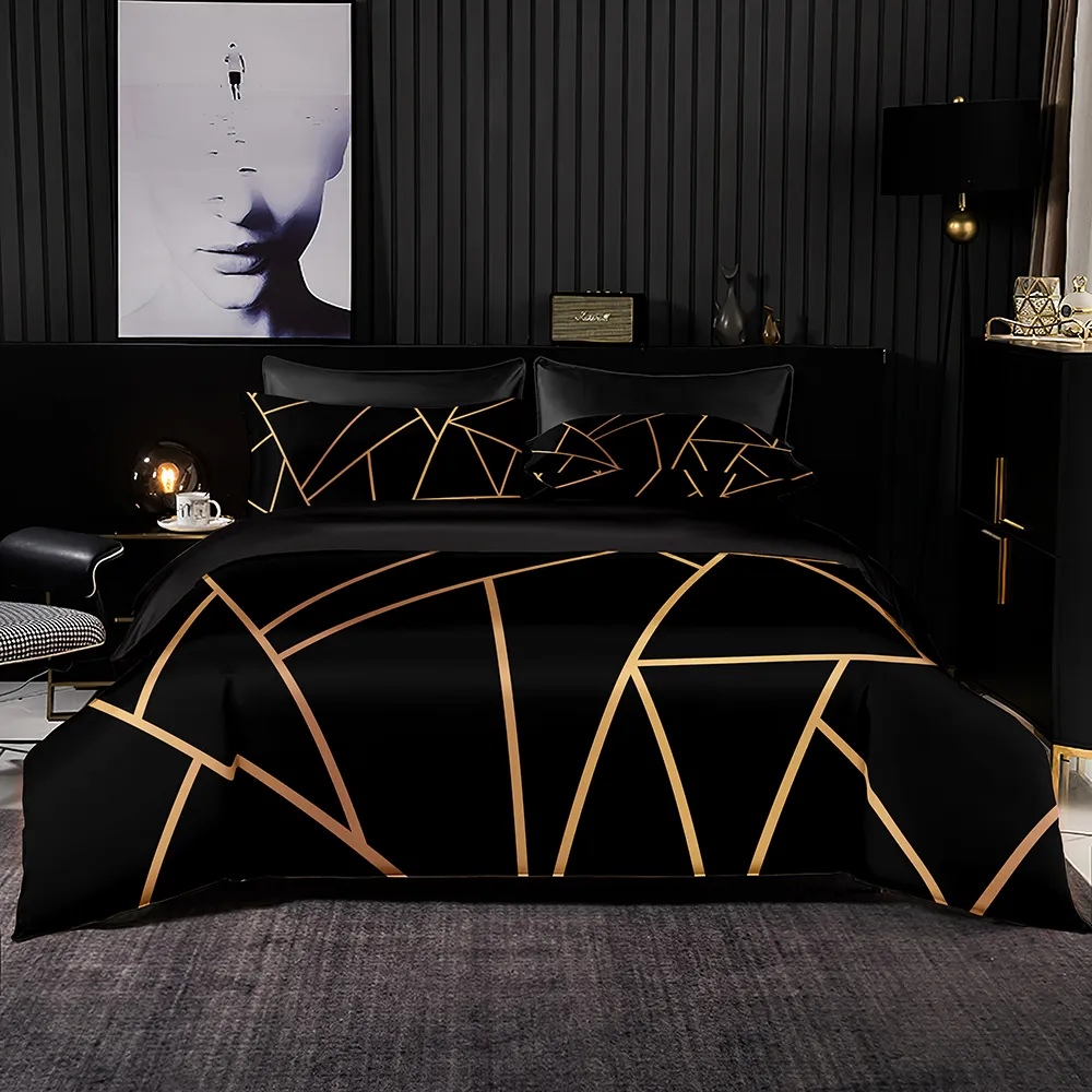 Bettwäsche -Sets Simlpy Black Bettwäsche -Set Hochwertiger Bettdecke Golden Geometrische Linien für König Kingsize -Bett mit Kissenbezug 230821 Drucken