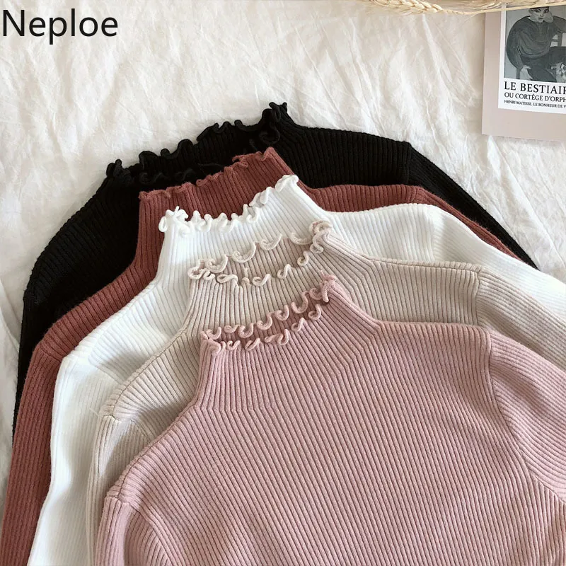 Sudaderas con capucha para mujer Sudaderas Neploe 2023 Otoño Invierno Volantes Suéter Cuello alto Fruncido Suéteres de mujer Alto elástico Sólido Mujer Delgado Sexy Jerseys de punto 230821