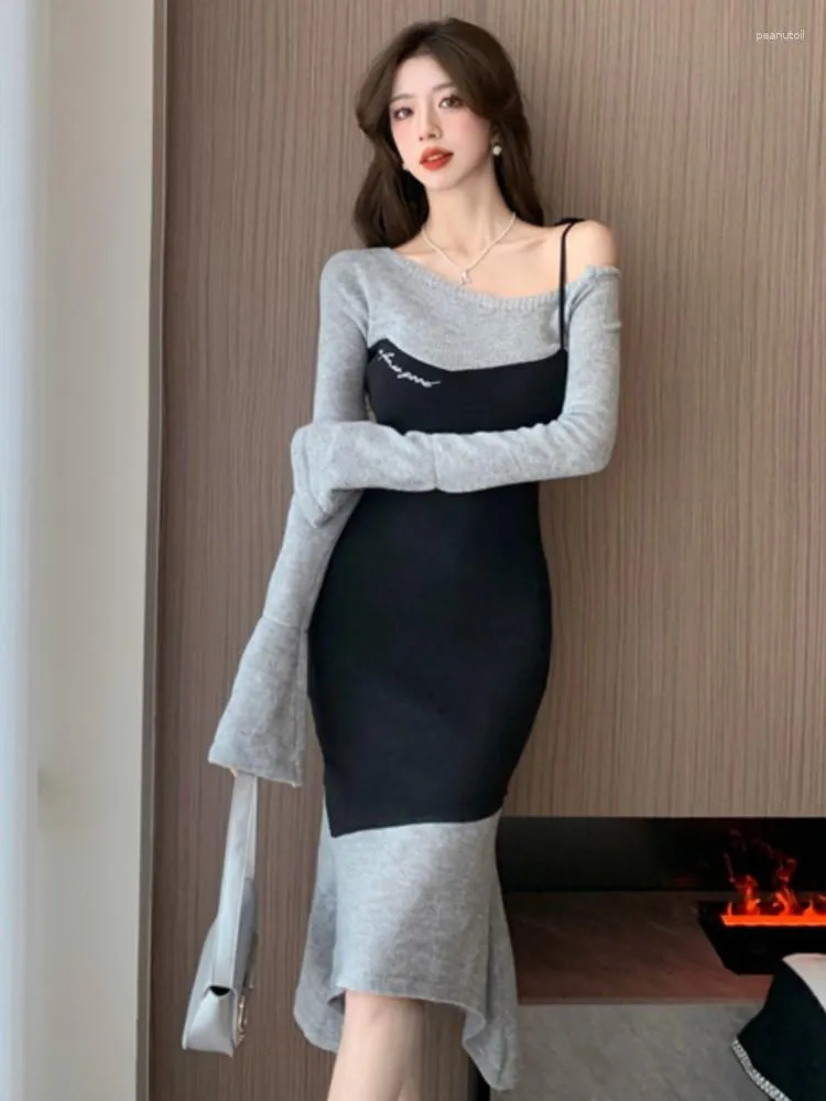 Lässige Kleider 2023 Mode Frauen Langarm Patchwork Midi Kleid sexy Strick Lady Solid Meerjungfrau Vintage weibliche Gurt Vestidos Robe