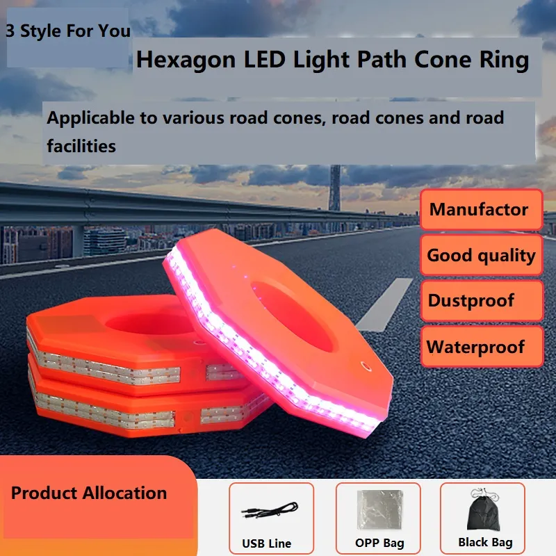 Rechargeable Hexagon Light-emitting Path Roadblock Roadway Safety LED Warning Light Ring For Cone