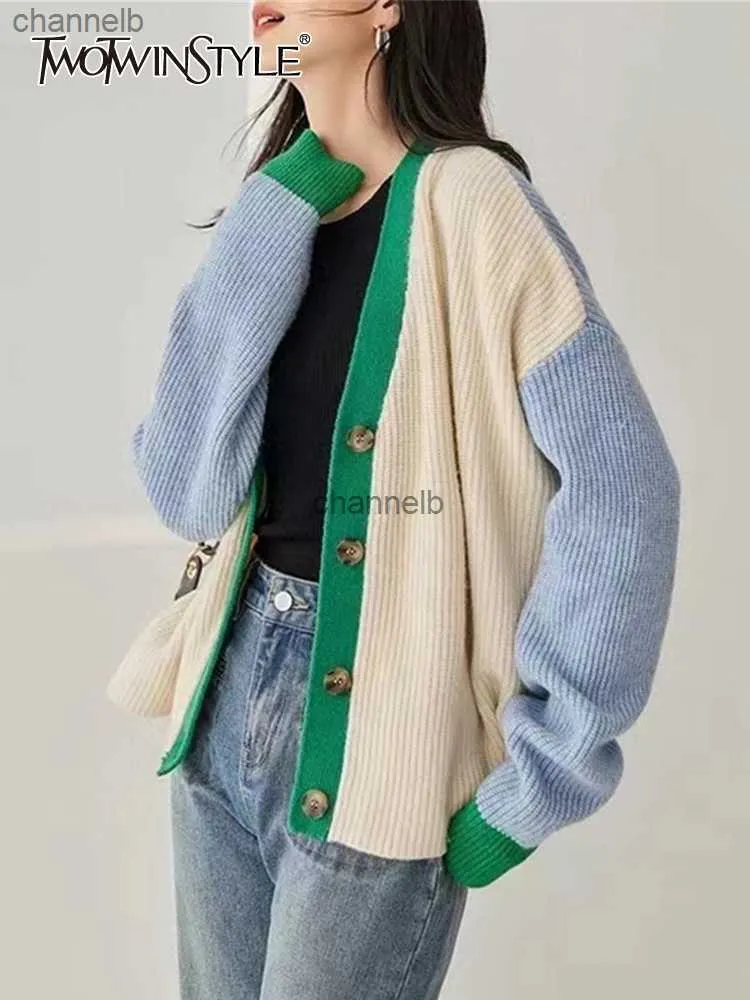 Damen Strick Tees T -Shirts zweier Style Hit Color Design Sweaters für Frauen gegen Nacken Langarm Patchwork Single Brea