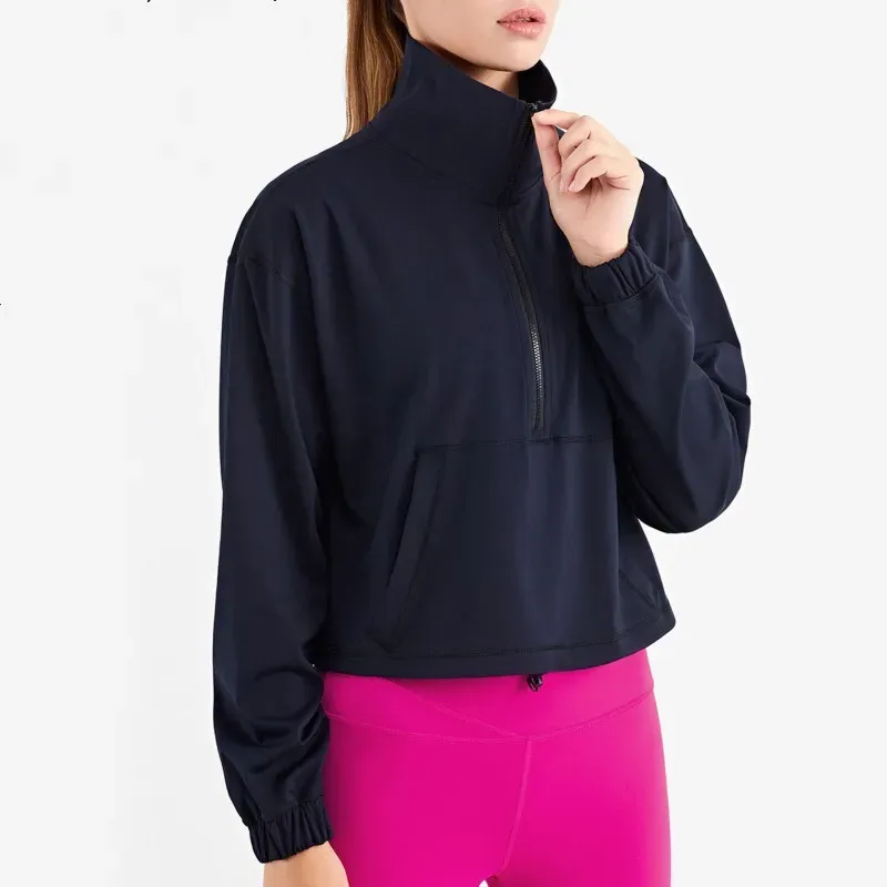 2023Nouvelle veste de course à col montant pour femmes avec sweat-shirt à demi-fermeture éclair, veste courte épaisse et ample, vêtements de sport Original