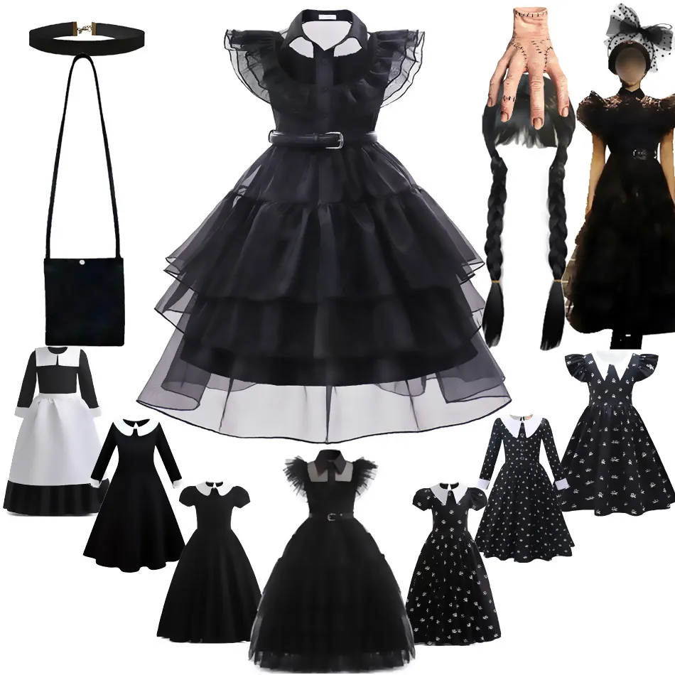 Cosplay Baby Girls onsdag Addams Cosplay Costumes Kids Black Mesh Gothic Dresses Carnival Halloween Party Clothing Children Vestidos 230817