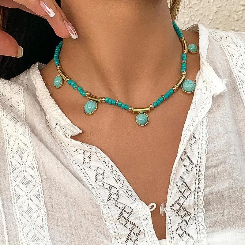 Chains Jewelry Retro Stitching Turquoise Geometric Tassel Hanging Ball Necklace Pastoral Mix Bead Chain Ornaments