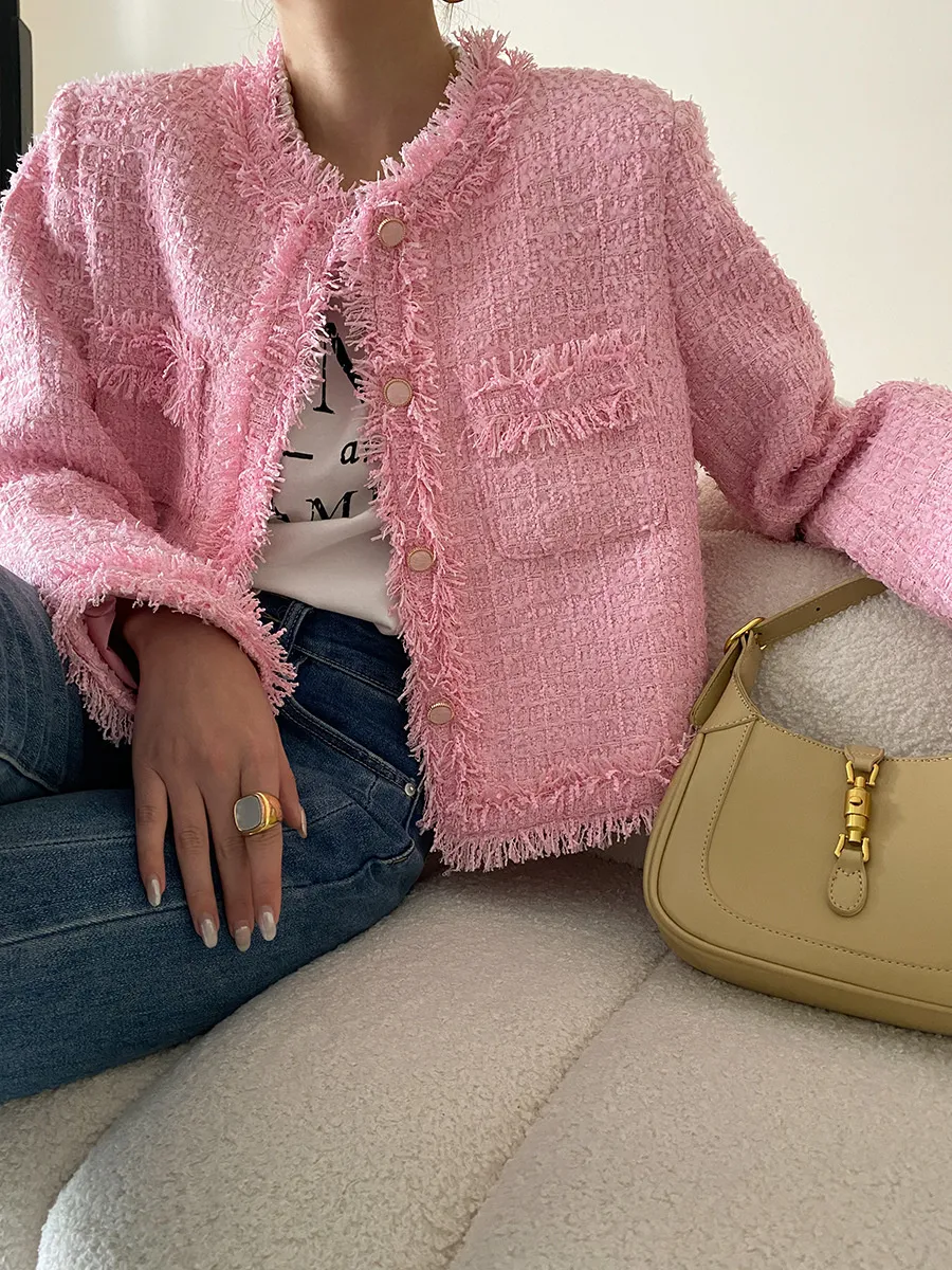 Pink Fringe Fur Shoulder Pad Tweed Macys Womens Jackets Pink Fringe Fur Shoulder Pad Tweed Macys Womens Jackets