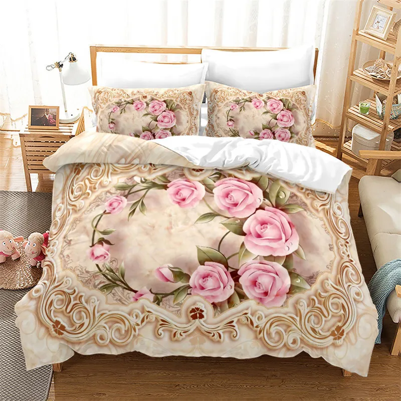 Ensembles de literie Rose Rose Floral Housse de Couette Aquarelle Lotus Ensemble Fleur Feuilles Imprimer Couette Roi Pour Adultes Enfants Chambre Décor 230818