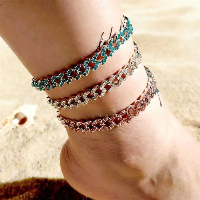 New Iced Out Cuban Anklet Bracelet Rhinestone Hip Hop Jewelry for Women Blue Pink Crystal Foot Chain Summer Beach 230719