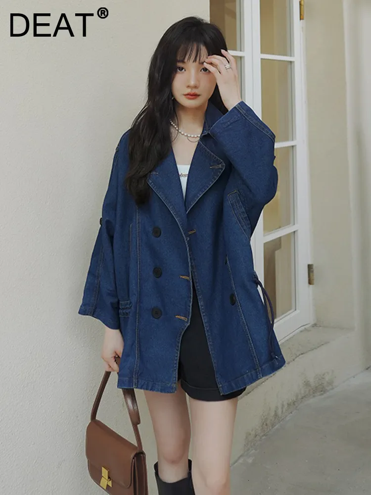 Women s Jackets DEAT Notched Denim Coat Women Double Breasted Full Sleeve Loose Versatile High Street Casual 2023 Autumn 15KB3321 230821