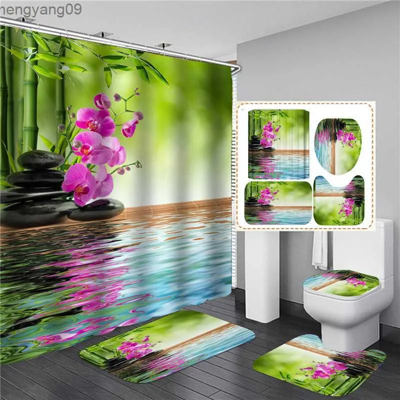 Shower Curtains 4Pcs Bamboo Shower Curtain Set with Non-Slip Rugs Toilet Lid Cover Nature Plant Zen 3D Shower Curtain Bathroom Decor with R230821