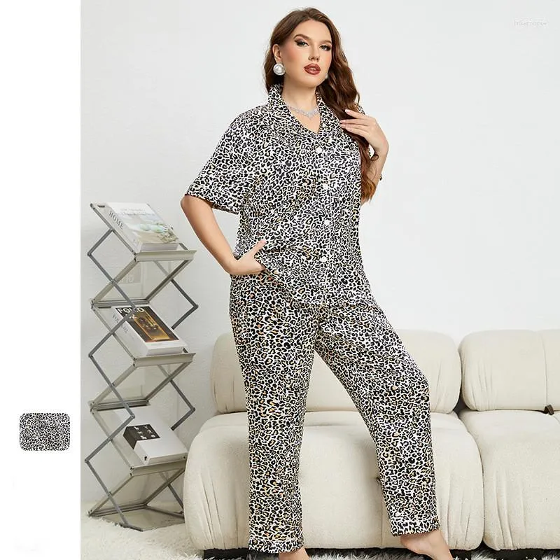 Vêtements de nuit pour femmes Sexy léopard imprimé Satin femmes pyjamas deux pièces ensemble été à manches courtes chemise pantalon costume décontracté Pijamas Homewear