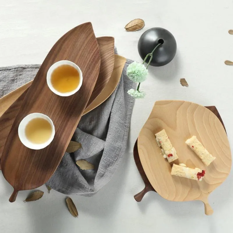 Plates Japenese Style Black Walnut Wood Leaf Design Plate For Tea Set Pot Cup Dessert Fruit Bread Wooden Tray Home Decoration