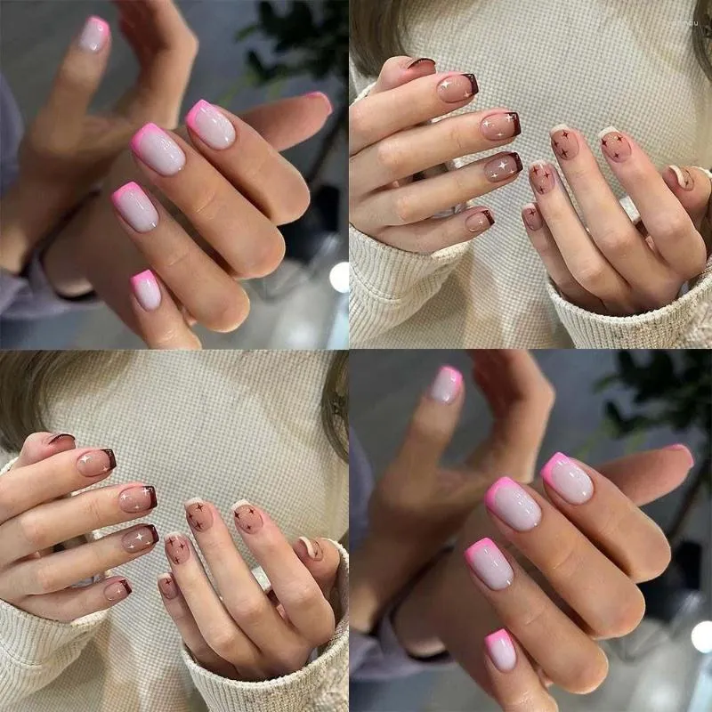 Falska naglar Kort runda Fashion White Brown Star Pink Edge Nail Tips Full Cover Löstagbar falsk för DIY