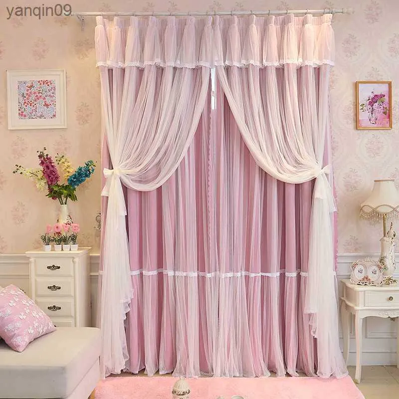 Cortinas de doble capa para habitación de niñas, decoración de encaje rosa  con lazo, para sala de estar, dormitorio, balcón, ventana flotante,  personalizadas - AliExpress