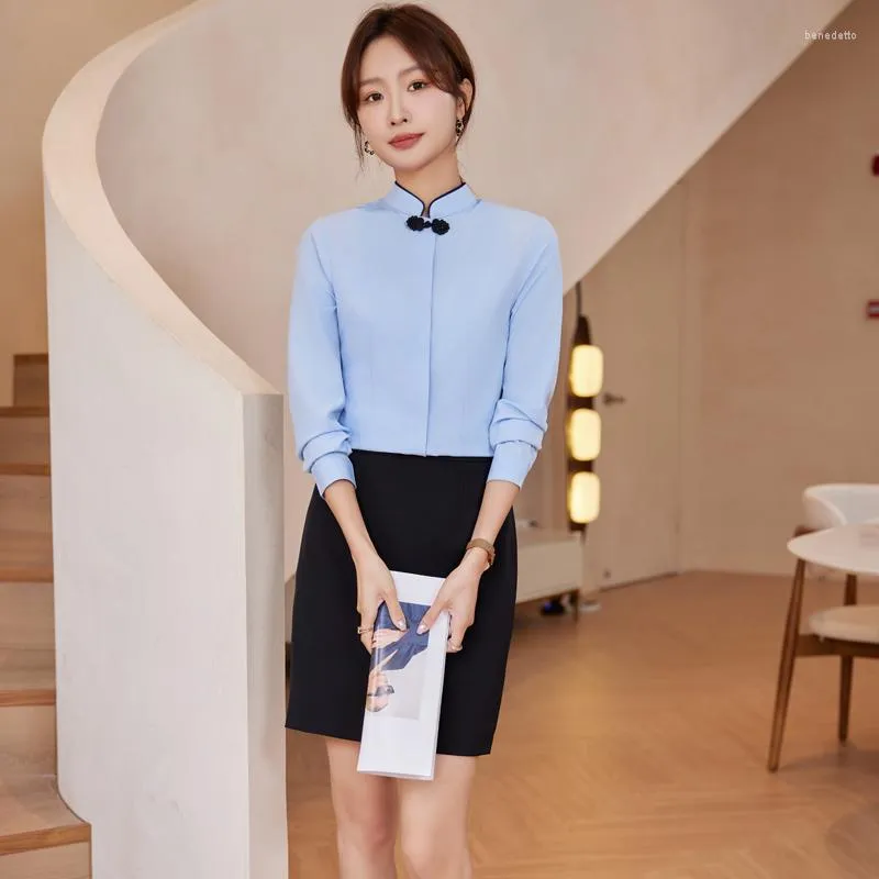 Kvinnors blusar mode kvinnor skjortor långärmad kontor damer 2 bit kjol och topp set arbete ol kinesiska stilar