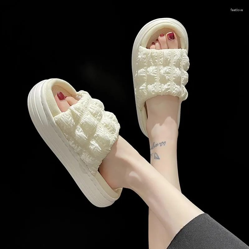 Slippers 2023 Puff Women Summer Home Sandals Ladies Flip Flops Platform Linen Sole Slides Female Cozy Muffins Bathroom Shoes