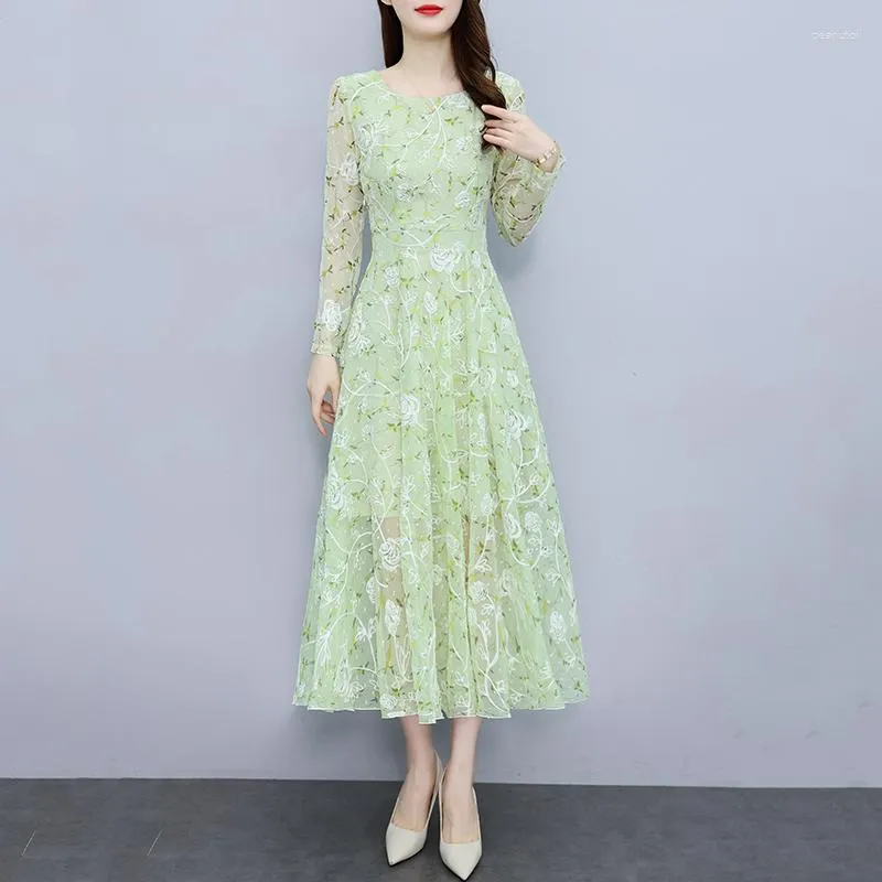 Casual Dresses Green Flower Embroidered Chiffon Long Dress Women Spring Summer Autumn Elegant Ladies Wedding Dance Evening Party Maxi