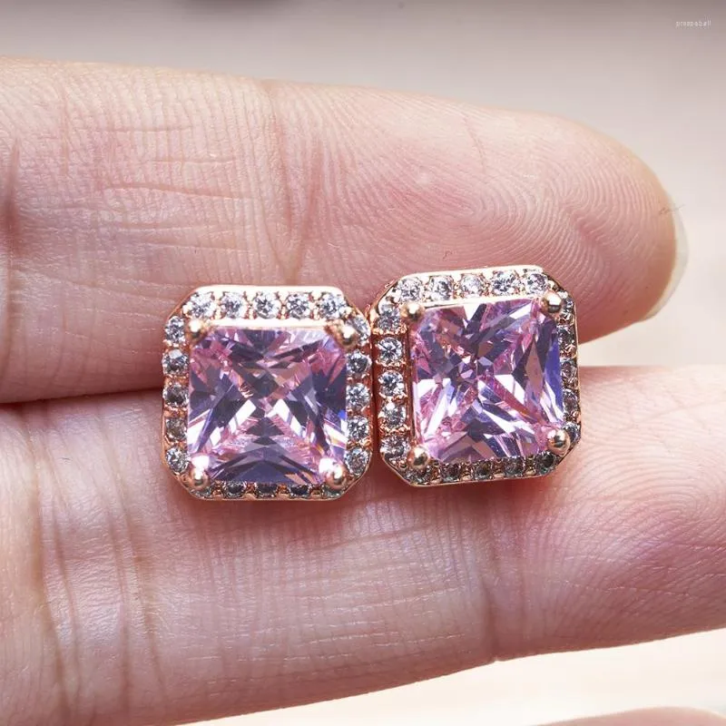 Stud Earrings Classic Women Stub Earring With Square Shape Pink Gemstone 5a Zircon Female Party Dating Wedding Jewerly Gift Wholesale