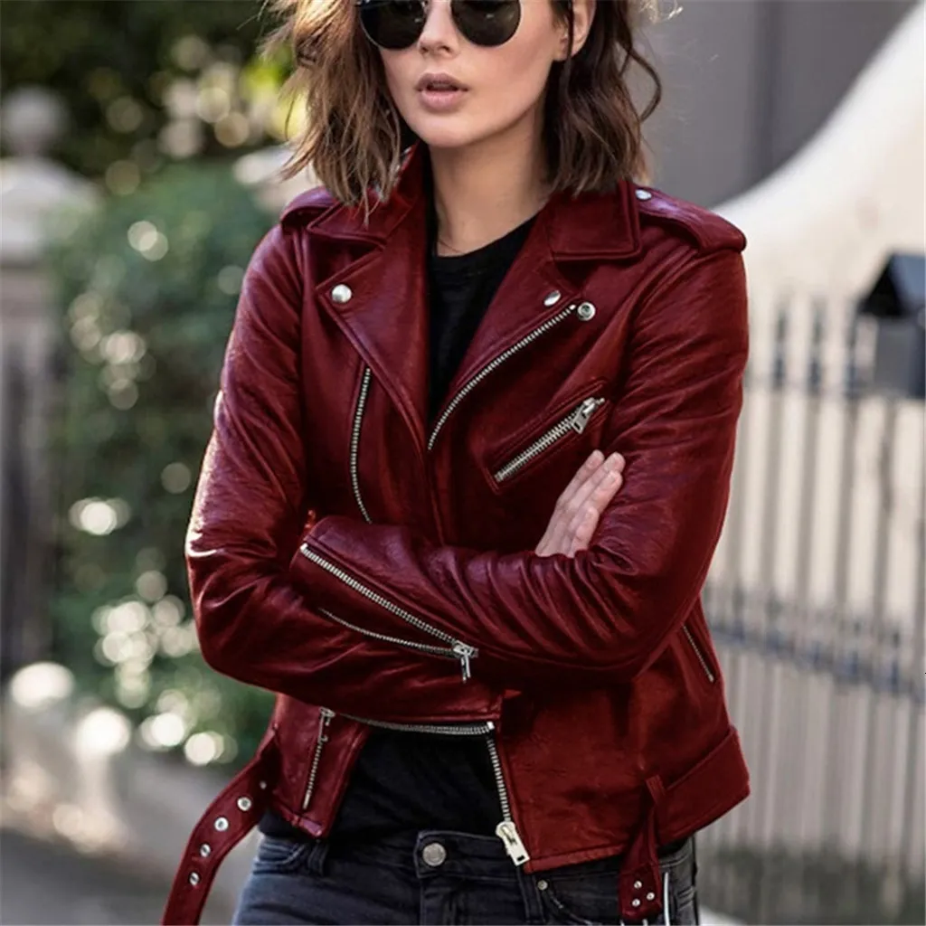 Women's Jackets Autumn Short Jacket Solid Revers Female Moto Biker Thin Ladies Cool Faux Leather Slim Outwear 230821