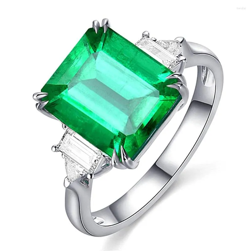 Klusterringar fyrkantiga smaragd ädelstenar grön kristall för kvinnor zirkon diamanter vita guld silver färg argent smycken bijoux bague gåvor