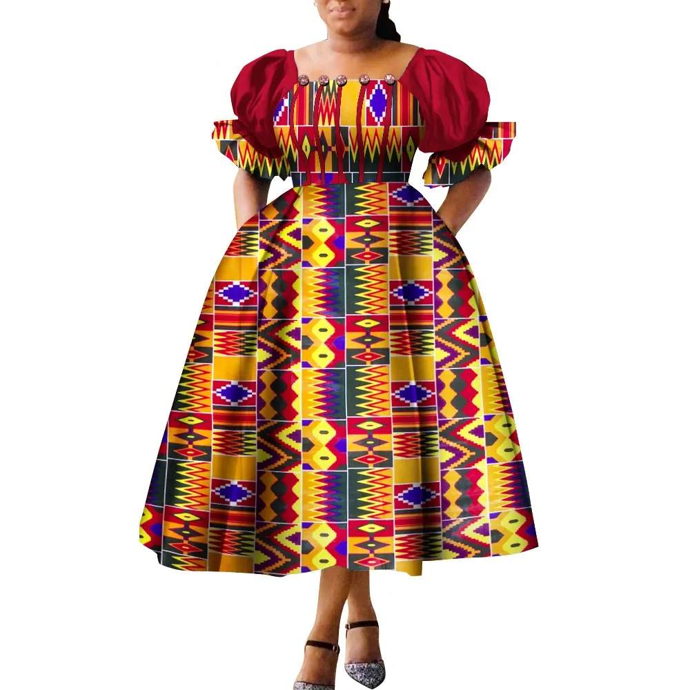 Puff Sleeve Ankara African Dress for Women High Waist Gowns Princess Dress WY9970