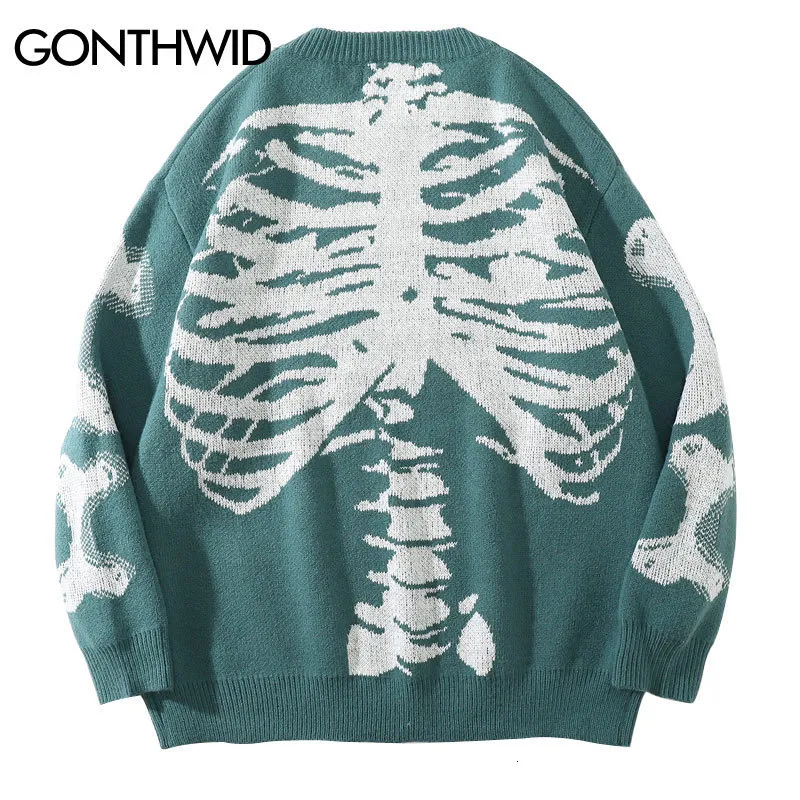 Mężczyzn Bluzy Hip Hop Gothic Gothic Knited Sweater Streetwear Vintage Skull Knit Pullover Swatters Męs