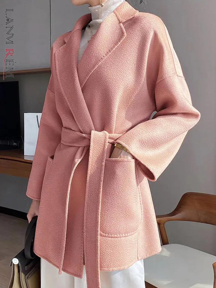 Womens Wool Blends Lanmrem Spring e Winter Coats Ripple Doubles Doublesididided Belt Feminino High End Luxury Roupas 2R4101 230818