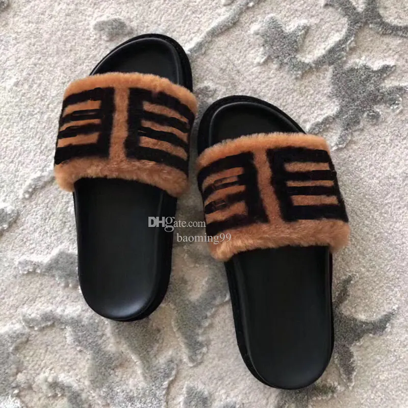 Lyxpäls tofflor designer trendiga päls sandaler damer kvinnor män fluffiga skjuv hull tofflor platt botten tofflor vinter mode hem utomhus loafers 35-45 låda