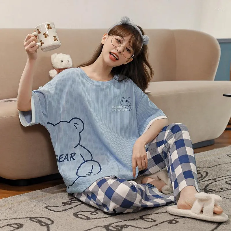Summer Loungewear Set For Women Cartoon Girl Cotton Pajamas With