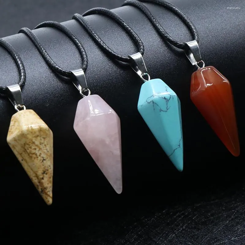 Chains 7PCS Wholesale Price Natural Stone Rose Quartz Agate Hexagon Cone Shape Pendant Necklace For Jewelry Accessory Charm Gift