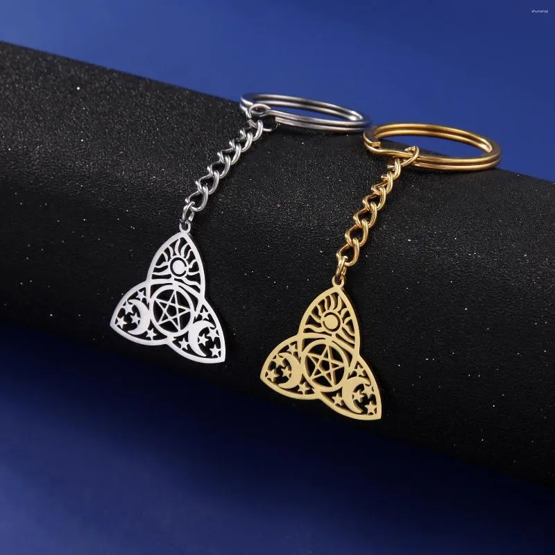 Keychains 1Pc Mix Colors Witchcraft Pentagram Celit Knot Pendant Key Ring Stainless Steel Sun Moon Lucky Amulet Men Car Keychain Jewelry