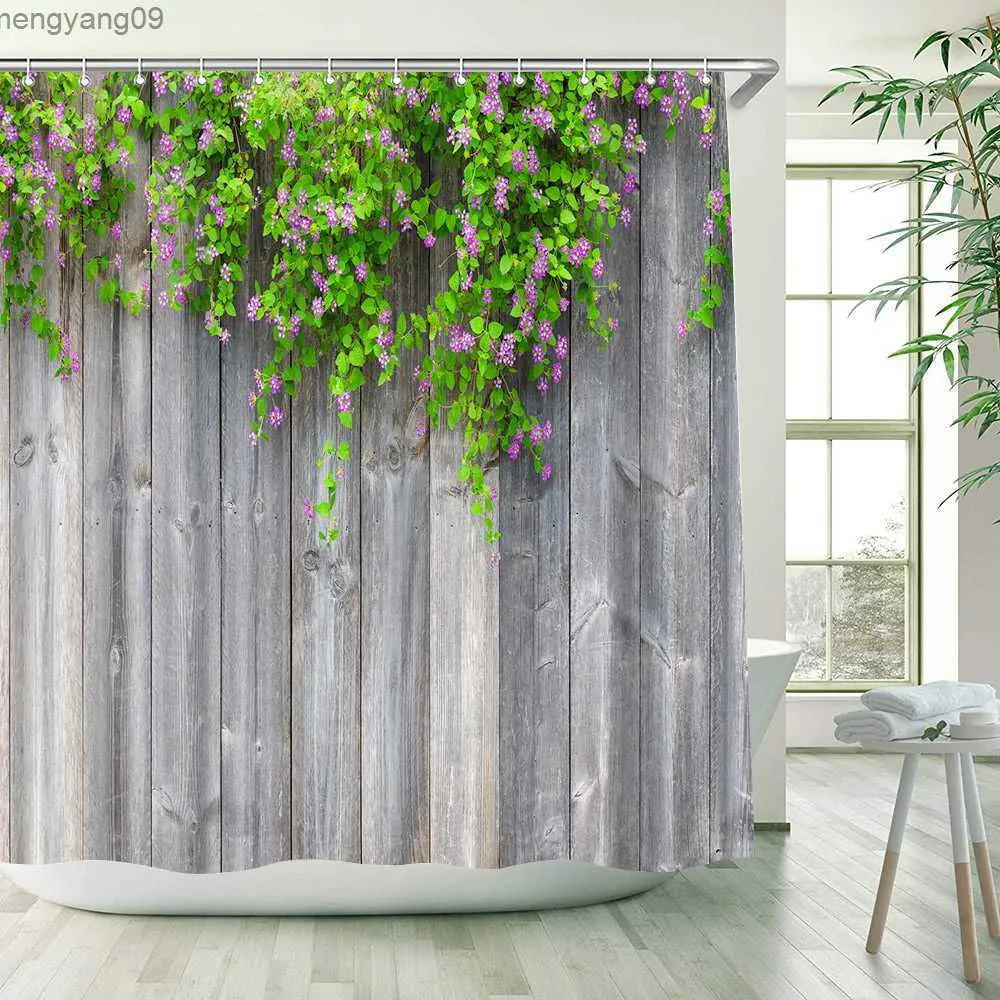 シャワーカーテン緑の竹の木製パネルシャワーカーテン禅の風景素朴な家庭風景パーティションパーティション壁ぶら下がっているバスルームの装飾R230821