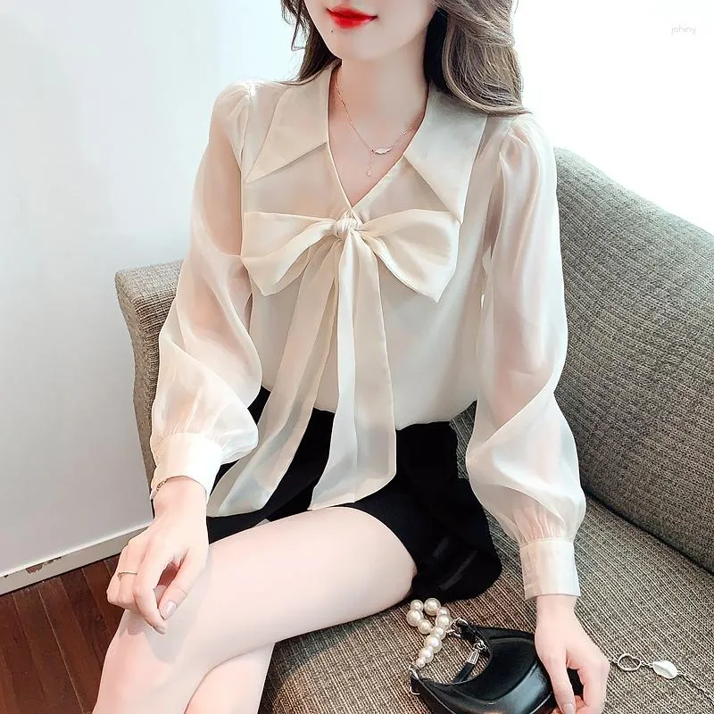Kvinnors blusar Fashion Woman Blue 2023 Korean Autumn Bow Solid Color Fairy Chiffon Style Clothes for Women V-Neck Ladies Tops