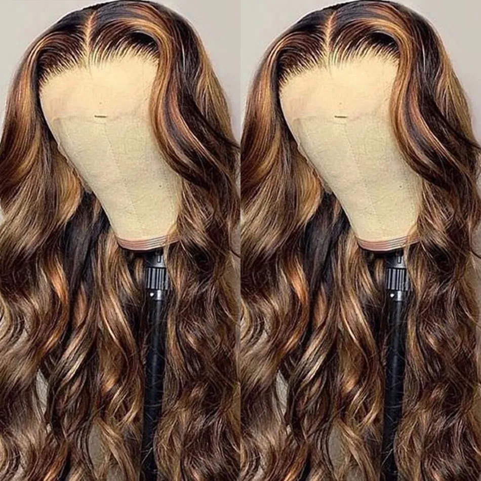 Body Wave Highlight Honigbrauner Spitze vordere Haar Perücken 220%Dichte 4x4 Verschluss 30 Zoll Remy Ombre farbige Spitze Frontalperücke für Frauen