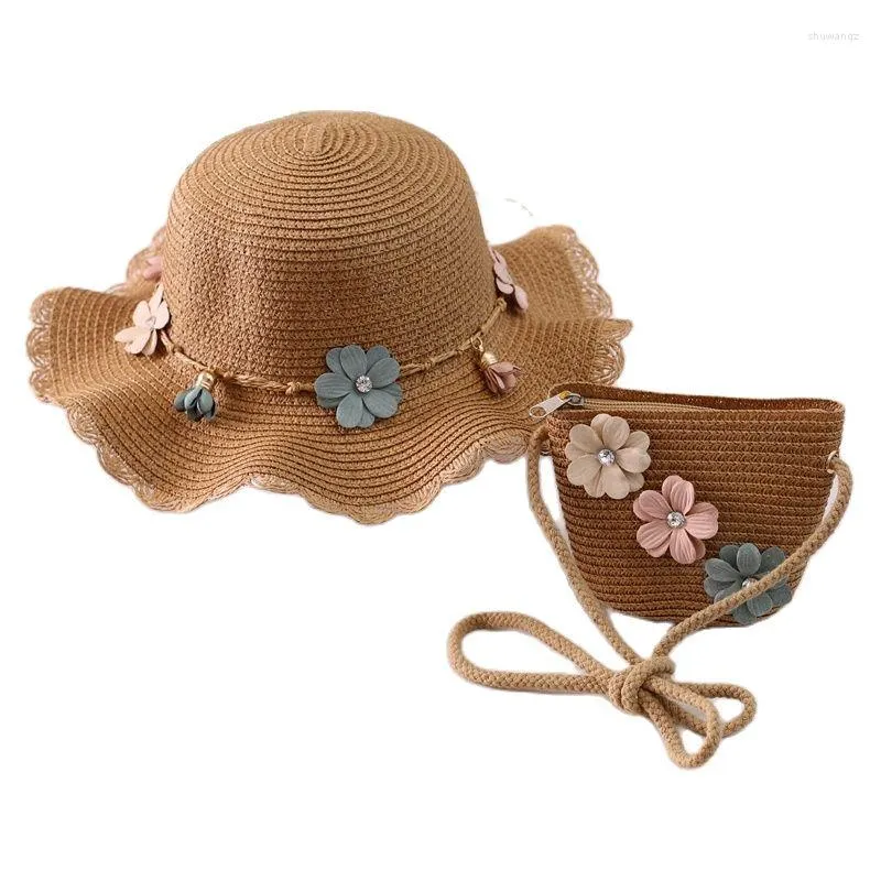 Berets Xeongkvi landelijke stijl Founce Ribbon Flower ouder-kind Sun Hat Bag Pak Summer Brand Beach Wide Straw Hats For Women Girl