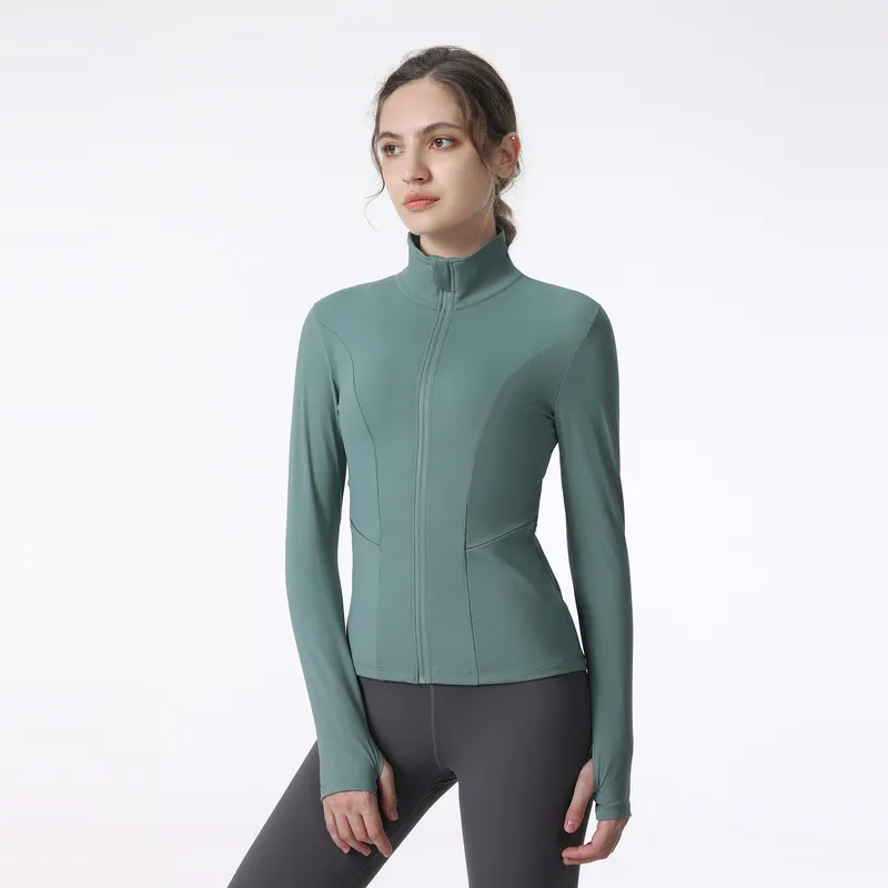 yoga lu running jacket fitness coat thumbholes sports quick dry breathable elasticity tight gym clothes women full-zip outdoor tops green