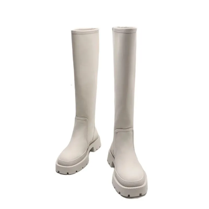 Bottes Cassé Taille Liquidation Chaussures 2023 Femmes Crème Blanc Concise Allmatch Plat Hiver Genouillère Modèles 230818