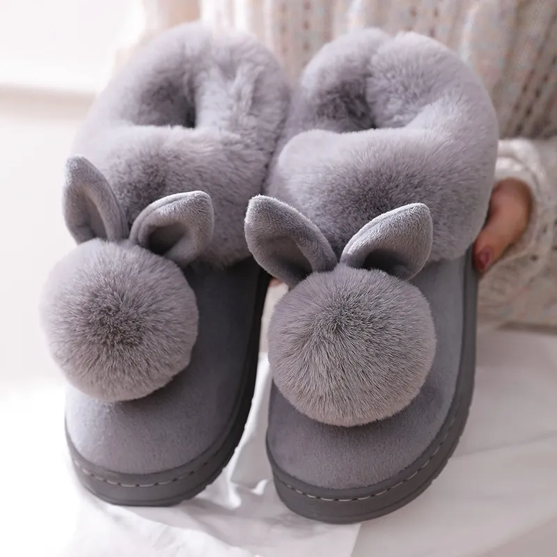 Slippers Mode Herfst Winter Katoen Platte Pluizige Slippers Konijn Oor Thuis Indoor Bont Slippers Vrouwen Schattig Warm Plus Pluche Schoenen 230818