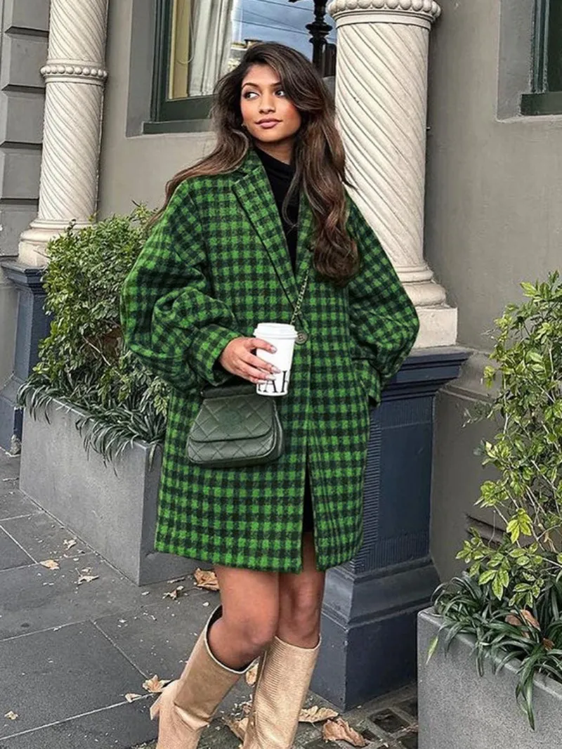 Women s Vintage Green Plaid Wool Blend Overcoat Autumn Winter Fashion Loose Long Sleeve Single Button Jackets Coats Tops Streetwear
