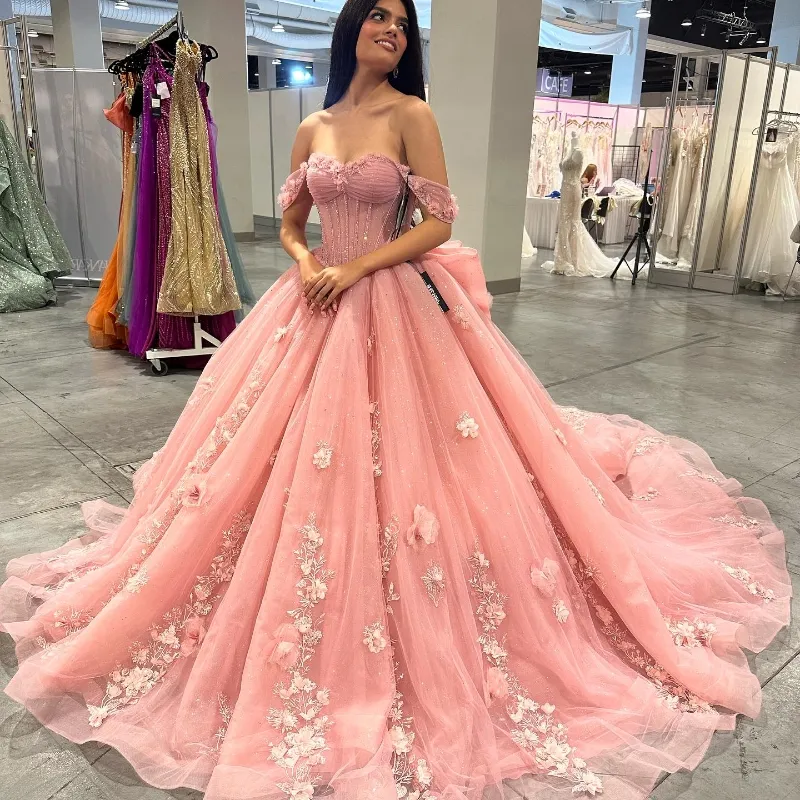 Розовые платья Quinceanera 2024 Милое бальное платье Пышное тюлевое сладкое 16 платьев Аппликация 3DЦветочный шлейф Элегантное кружевное платье для выпускного вечера