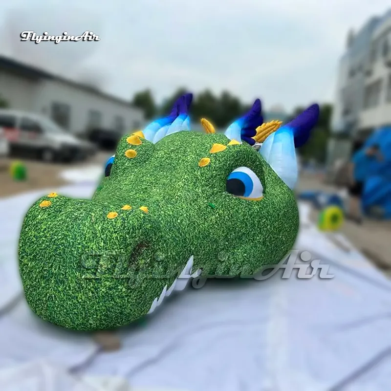 8m Lovely Green Large Inflatable Dragon Cartoon Animal Cute Young Dragon Head Model For Carnival Stage Decoration
