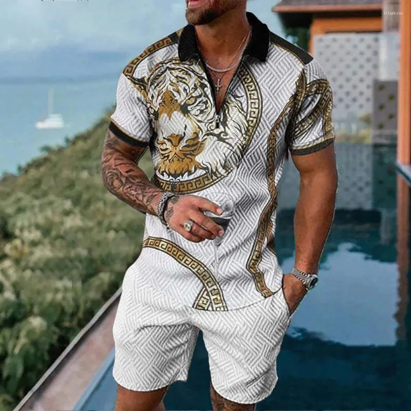 Męskie dresy letnia koszula polo z krótkim rękawem 3D Printing luksusowy retro garnitur flanelowy kołnierz sportowy 2-częściowy