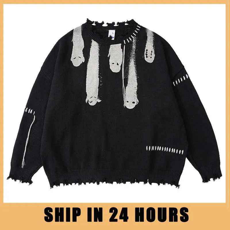 Men's Hoodies Sweatshirts Hip Hop Knitted Sweaters Men Harajuku Vintage Hole Ghost Graphic Jumpers Streetwear Punk Casual Oversized O-Neck Pullover Unisex 230821