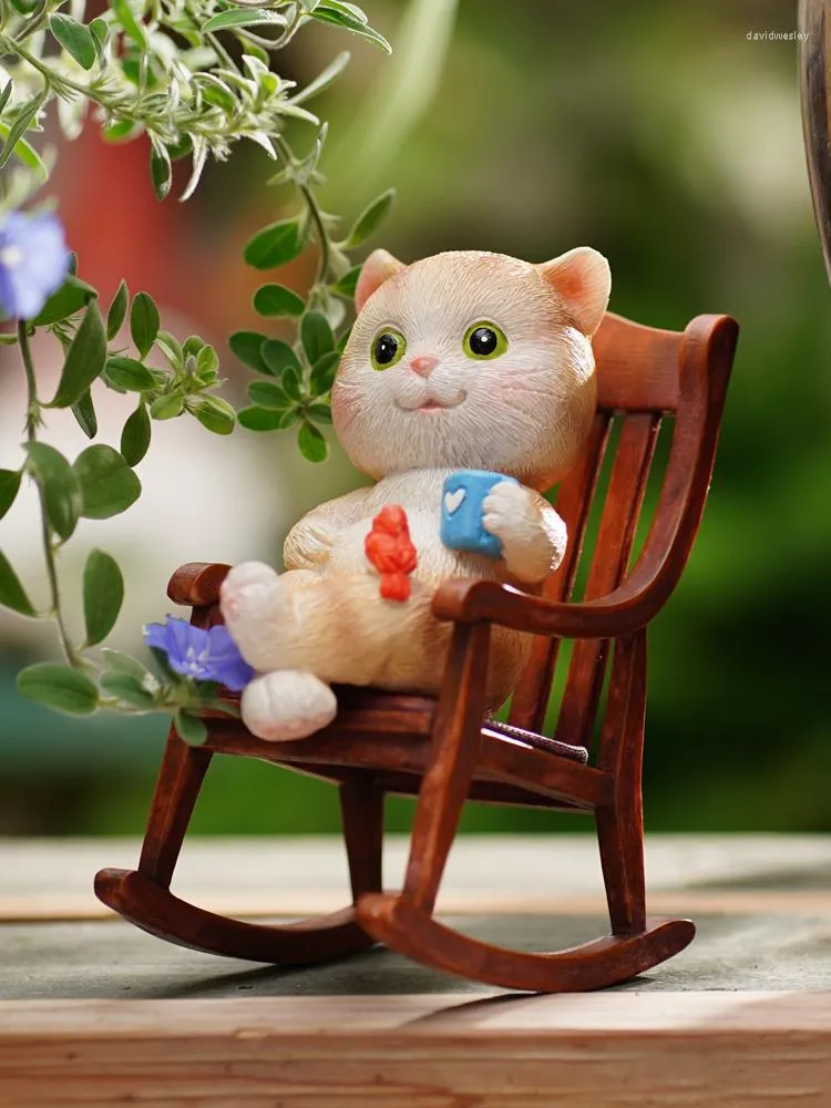 Garden Decorations Rocking Chair Reading Drinking Coffee Kitten Resin Adornments Outdoor Yard Decoration Crafts Cafe Sculpture