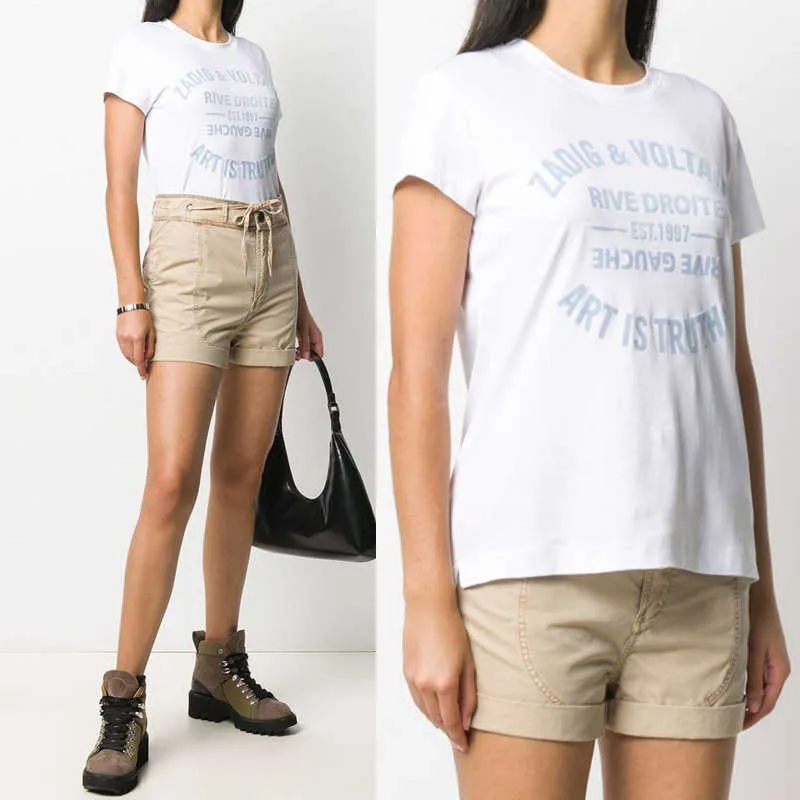 Zadig Voltaire 23 Camiseta de diseñador ZV Carta casual Camisetas para mujer Impresión de letras clásicas Camiseta de manga corta blanca de algodón flocado azul