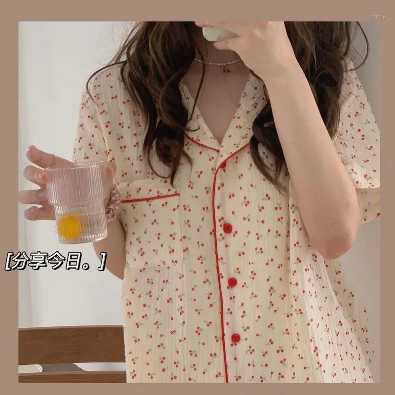 Dames slaapkleding pyjama's zomer katoen Koreaanse meisjes schattige print pyjama losse rapel pijama's plus maat 2 -stuk set kawaii thuispak