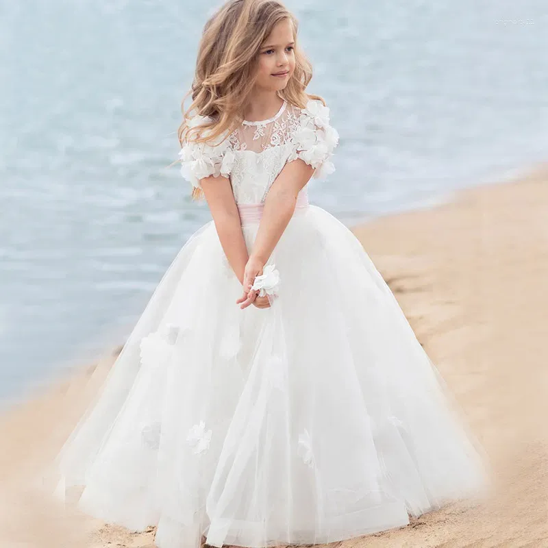 Fille robes dentelle fleur 3D Appliques Tulle pour mariage première Communion enfants fête d'anniversaire 2-14 ans 2023