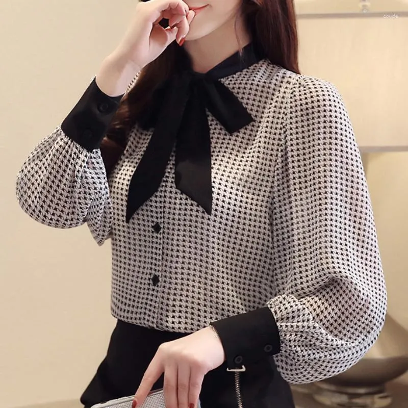 Blouses pour femmes mode coréenne femme Blouse 2023 Vintage nœud chemises à carreaux femmes lanterne à manches longues chemise élégante dames hauts