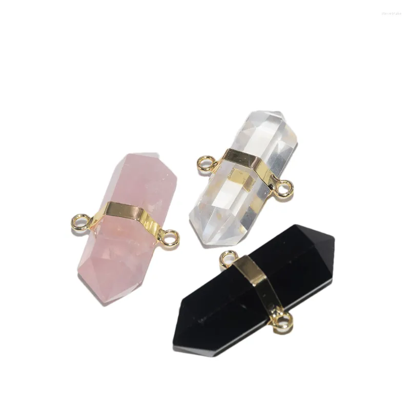 Pendanthalsband 2023 Natural Rose Clear Crystal Quartz Connector Charms Necklace Gold Pläterad för armband Hexagonal smycken 5 st